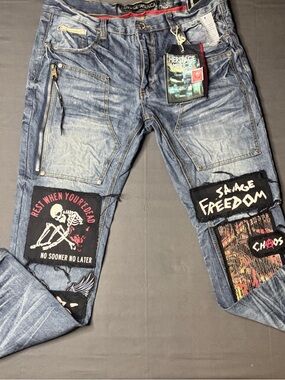 Heritage America 1776 Denim Distillery Men's Distressed Patchwork Blue Jeans